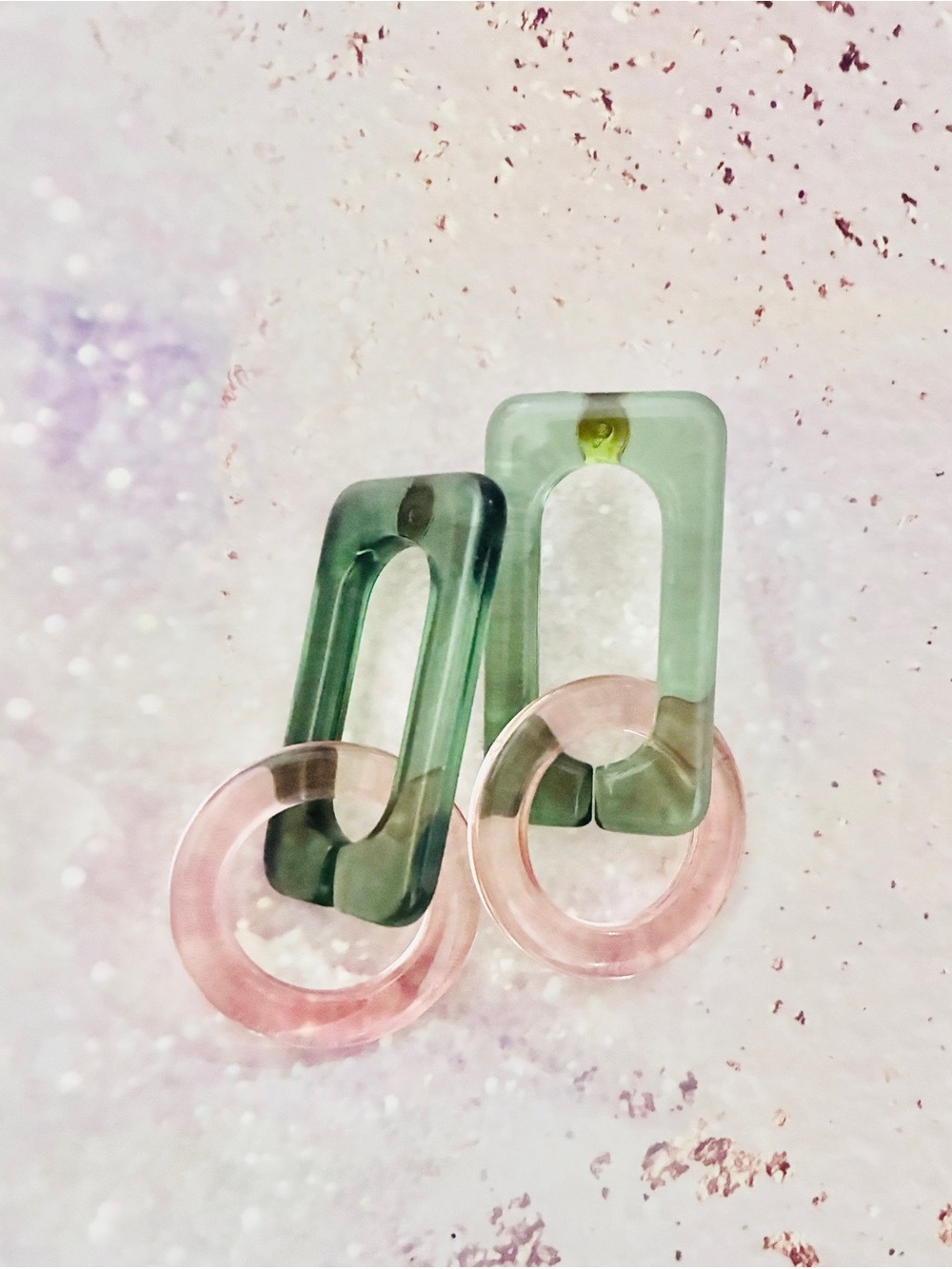 Green square pink round Large clear acrylic square screw back earrings